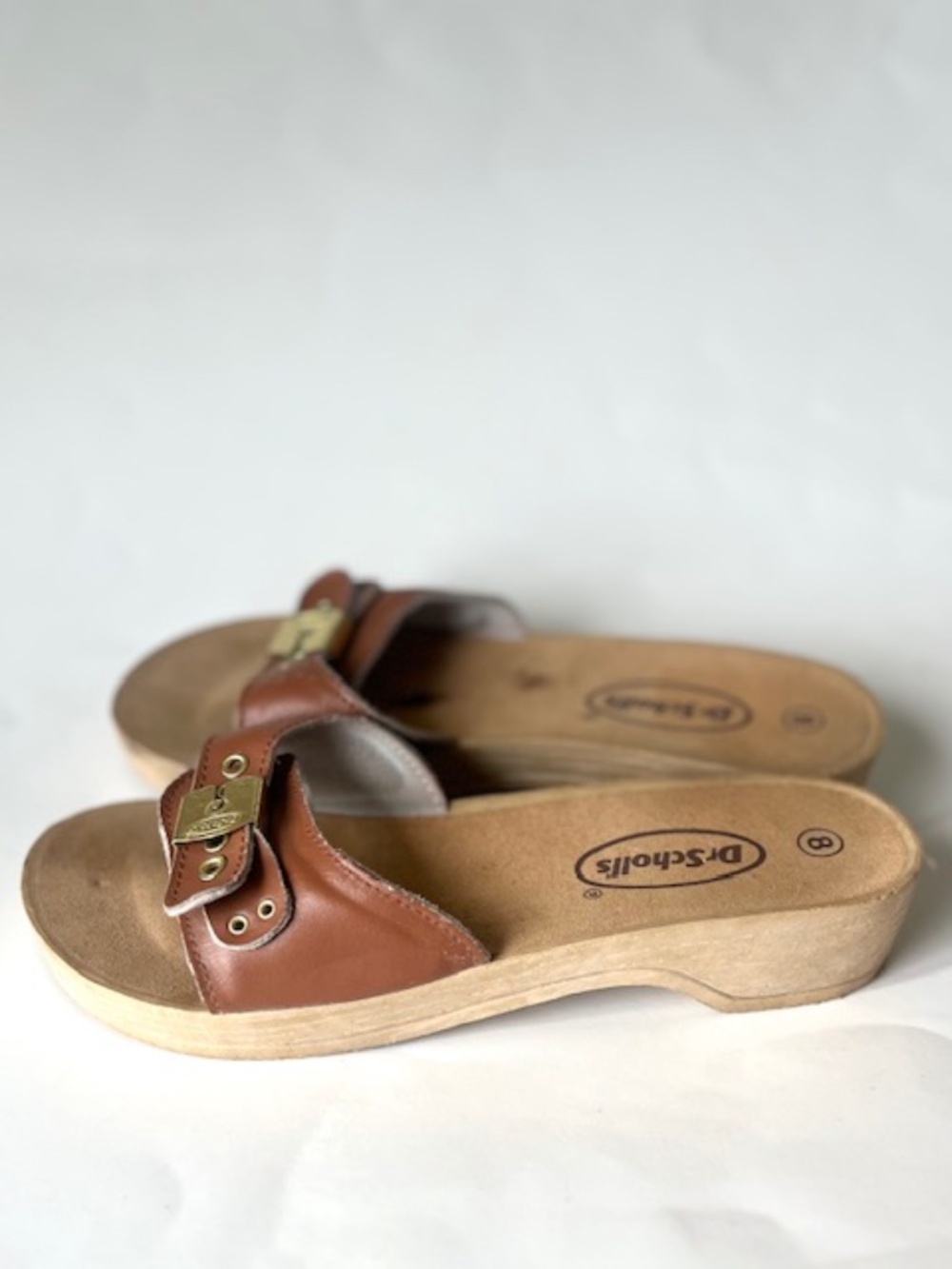 Dr. Scholl's Tan Leather Slide Sandals with Gold Buckles